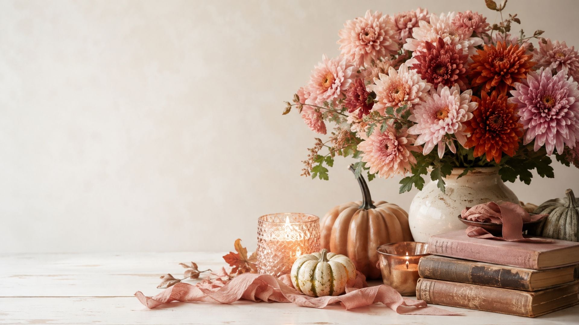 Fall desktop wallpaper featuring blush and rust chrysanthemums, pumpkins, vintage books, candles and soft ribbon on a neutral background.