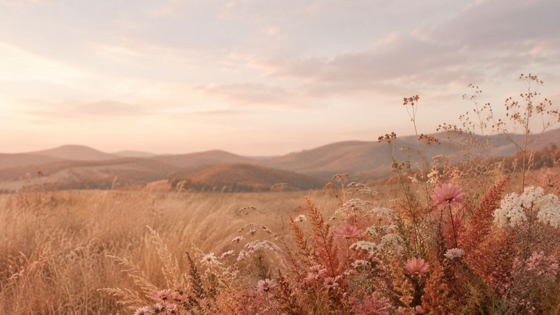 Aesthetic fall desktop wallpaper featuring blush wildflowers, rust-coloured grasses and rolling autumn mountains beneath a soft sunset sky.