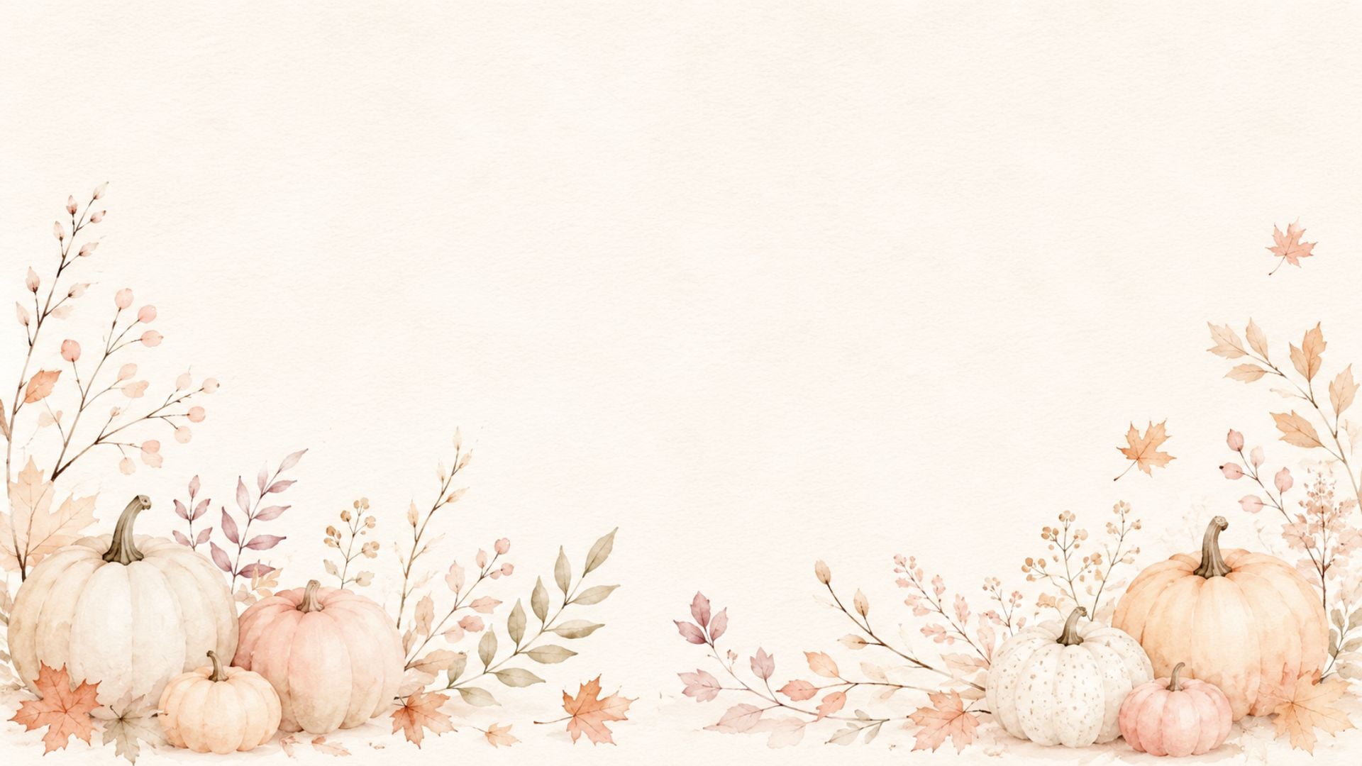 Fall desktop wallpaper aesthetic featuring blush and cream watercolor pumpkins framed by delicate autumn leaves.