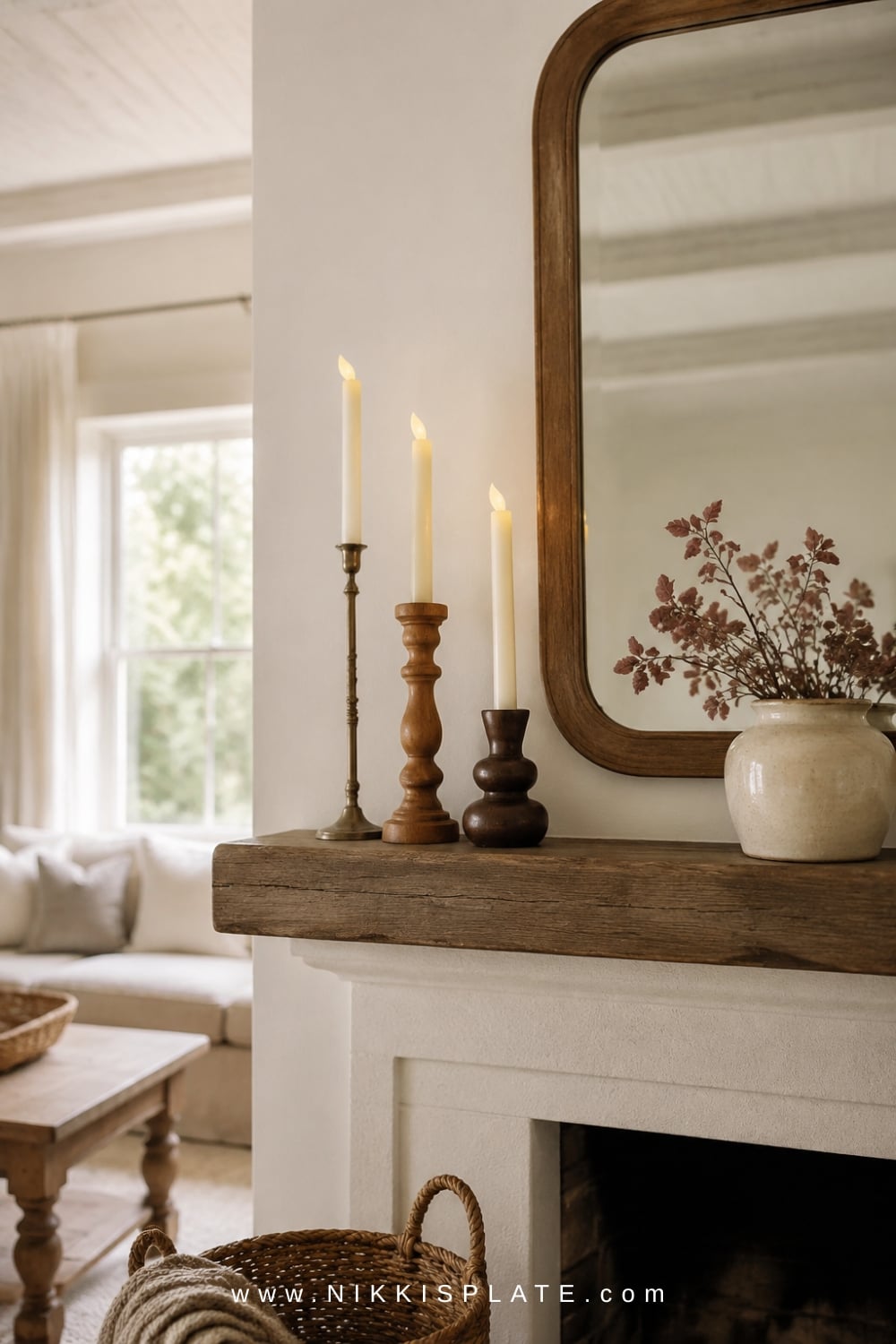 Mixed brass and turned wood candlesticks with ivory tapers arranged on an airy farmhouse fall mantel.