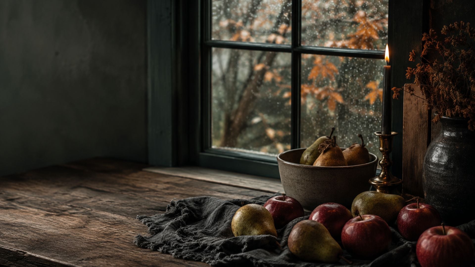 Dark fall desktop wallpaper featuring apples and pears beside a glowing candle and rain-covered window.