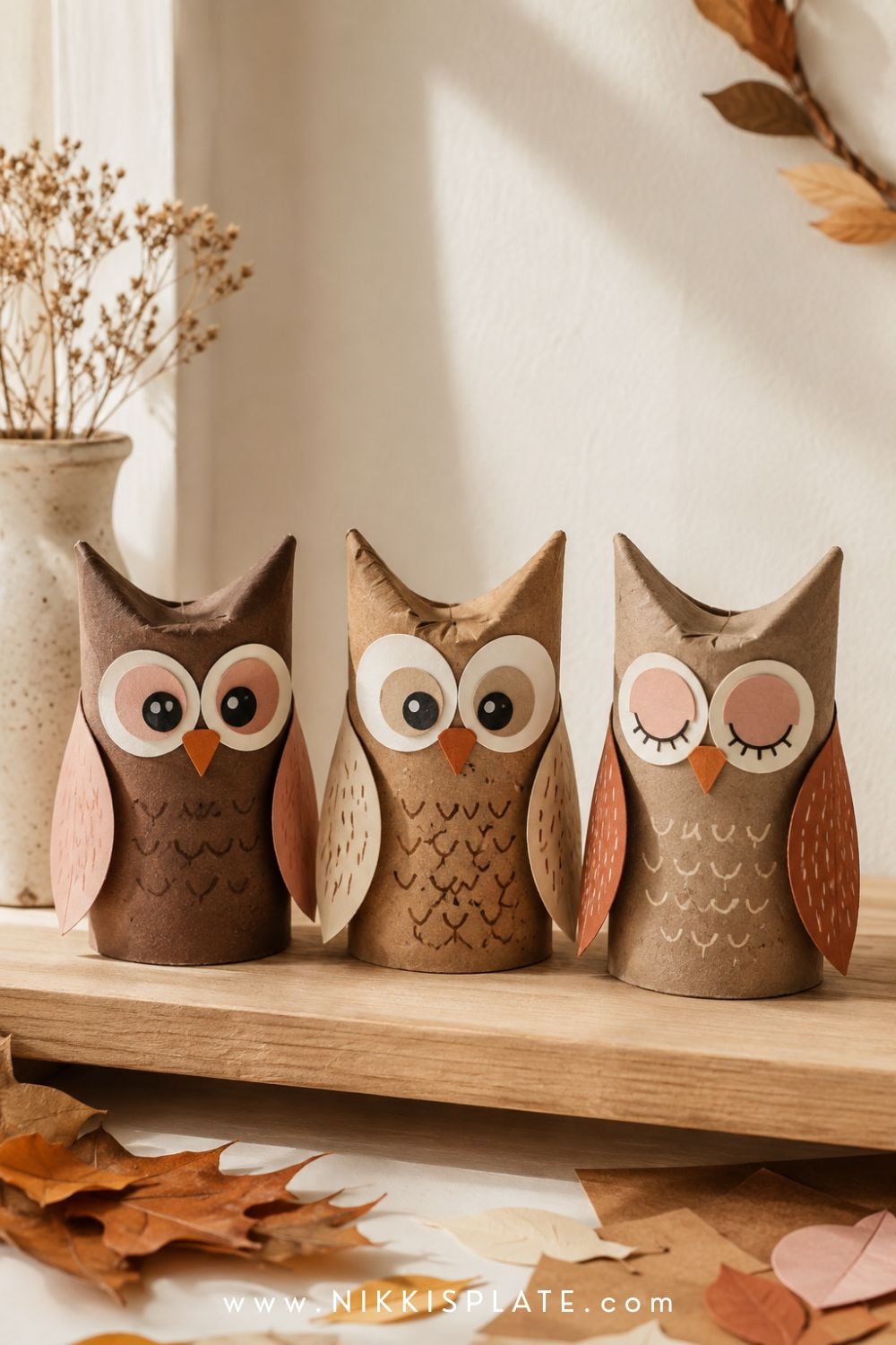 Cardboard roll owl fall crafts decorated with large paper eyes, pointed ears, wings and warm autumn colors.