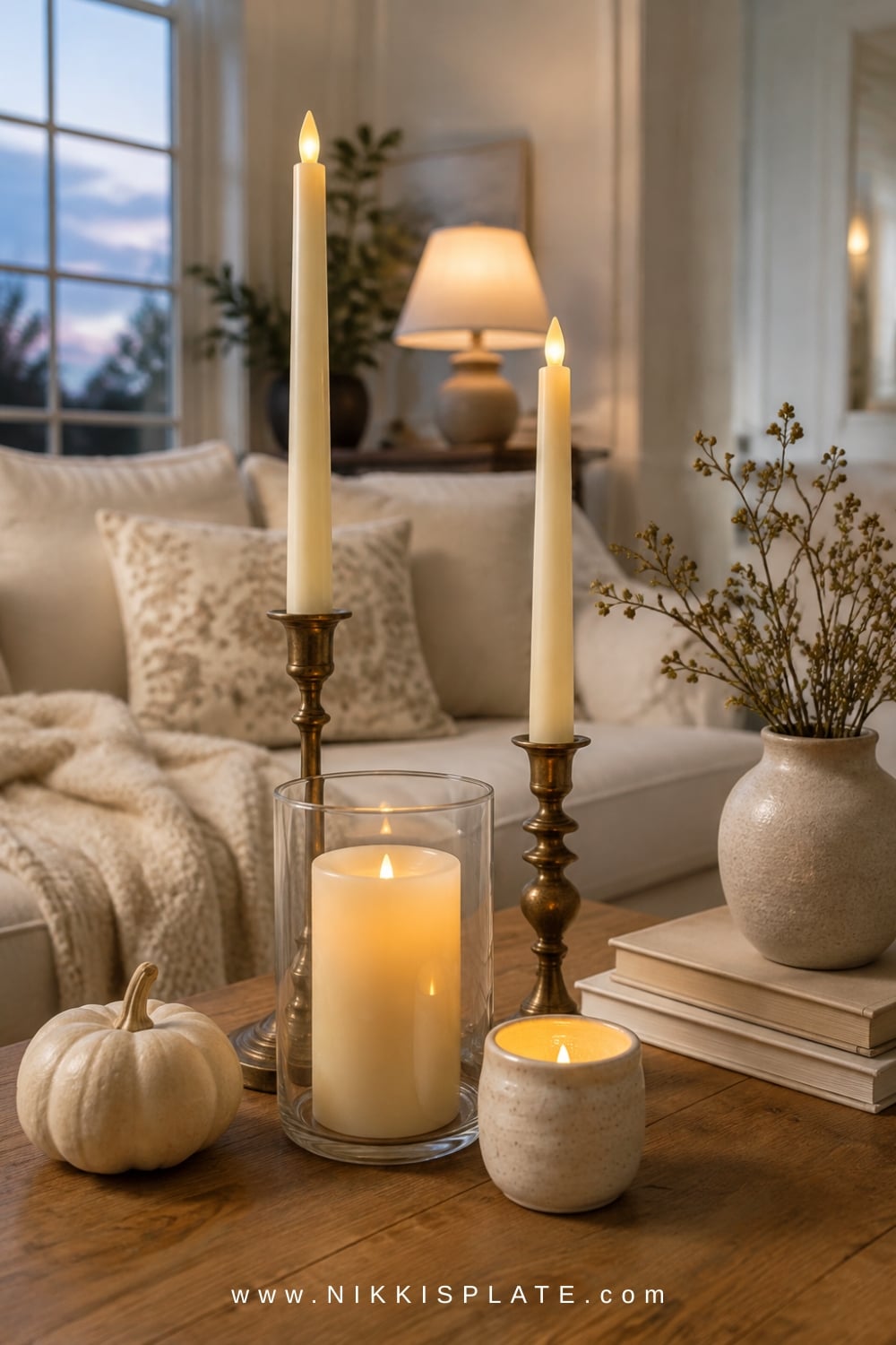 Ivory flameless candles displayed at varied heights with brass and wood holders in a cozy fall living room.