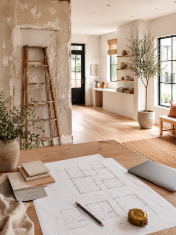 Commercial property redevelopment plans on a wood table inside a bright small-business space undergoing renovation.