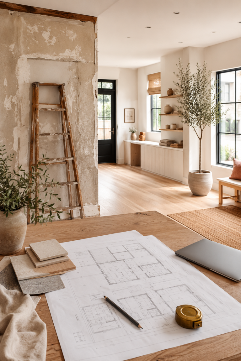 Commercial property redevelopment plans on a wood table inside a bright small-business space undergoing renovation.