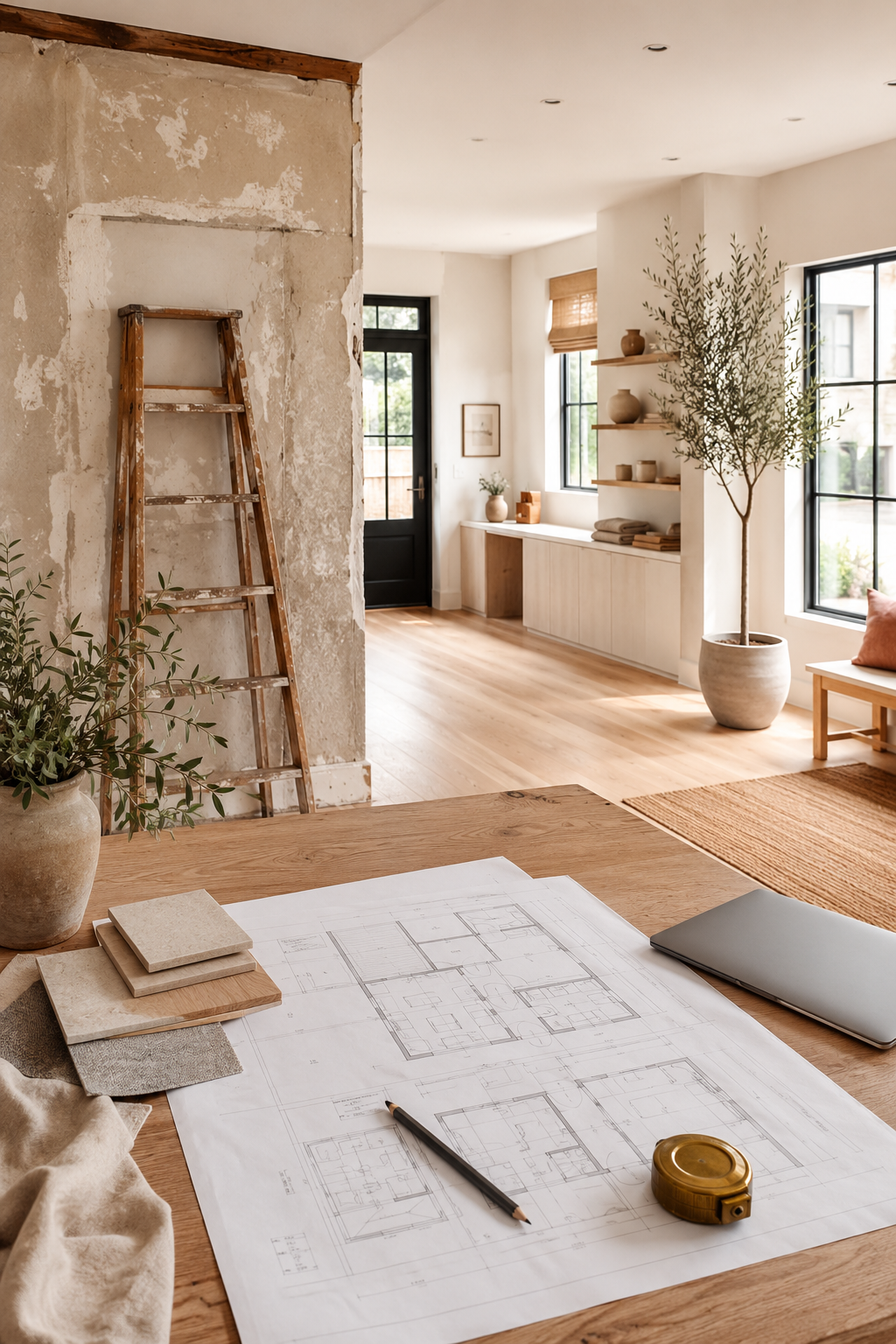 Commercial property redevelopment plans on a wood table inside a bright small-business space undergoing renovation.