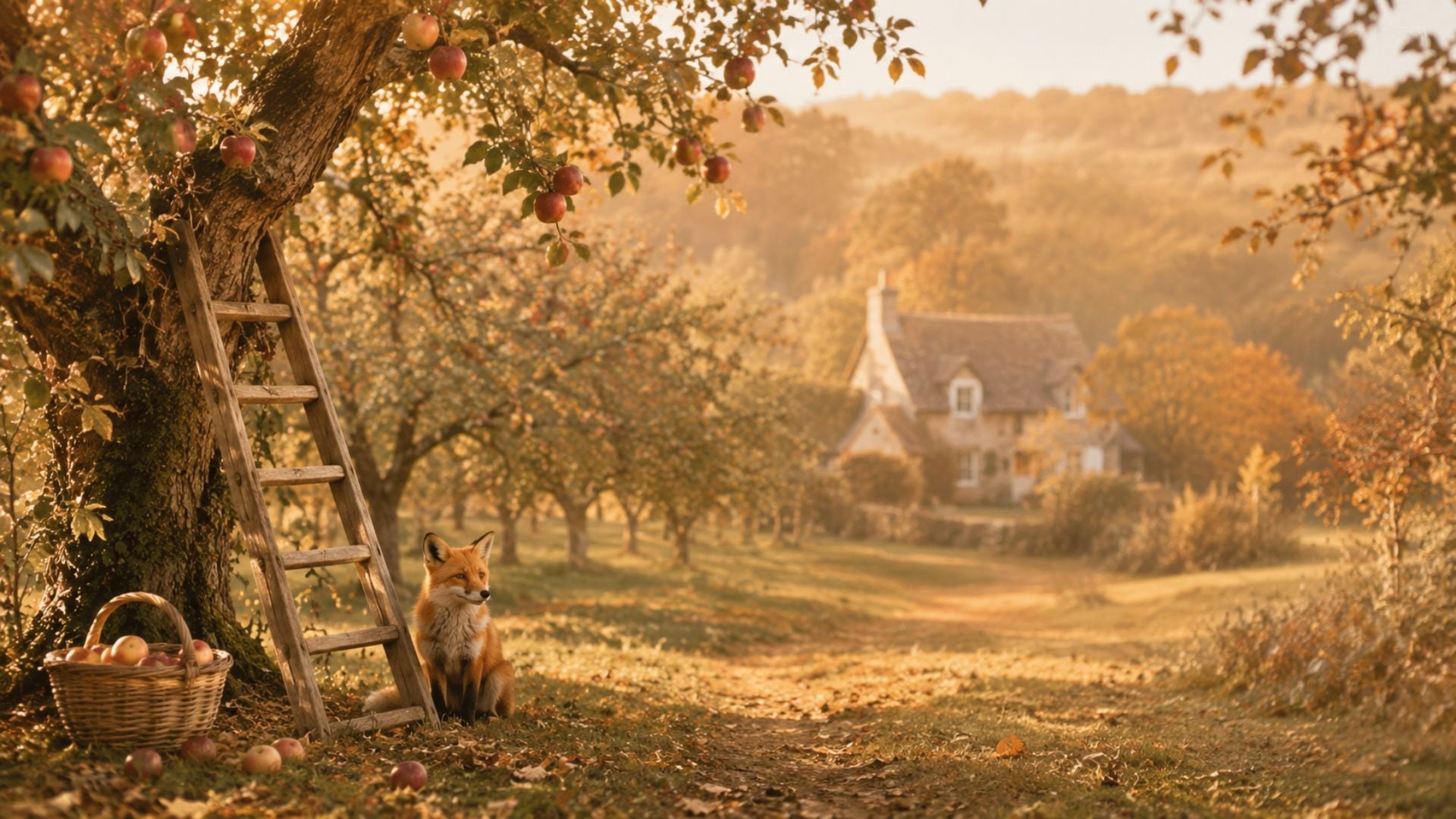 Cottagecore fall desktop wallpaper featuring a fox beneath an apple tree with a rustic ladder and countryside cottage.