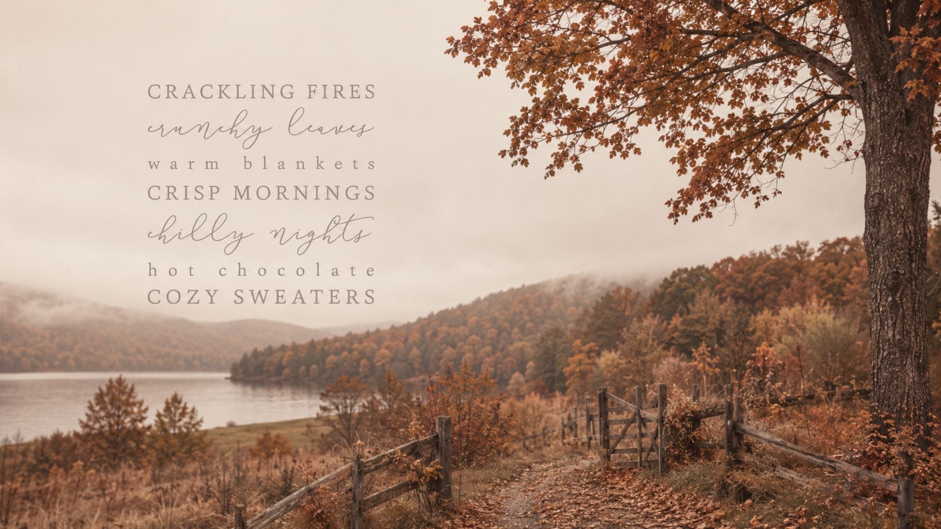 Cozy fall desktop wallpaper featuring an autumn lakeside path with seasonal favourites including crackling fires, crunchy leaves and warm blankets.