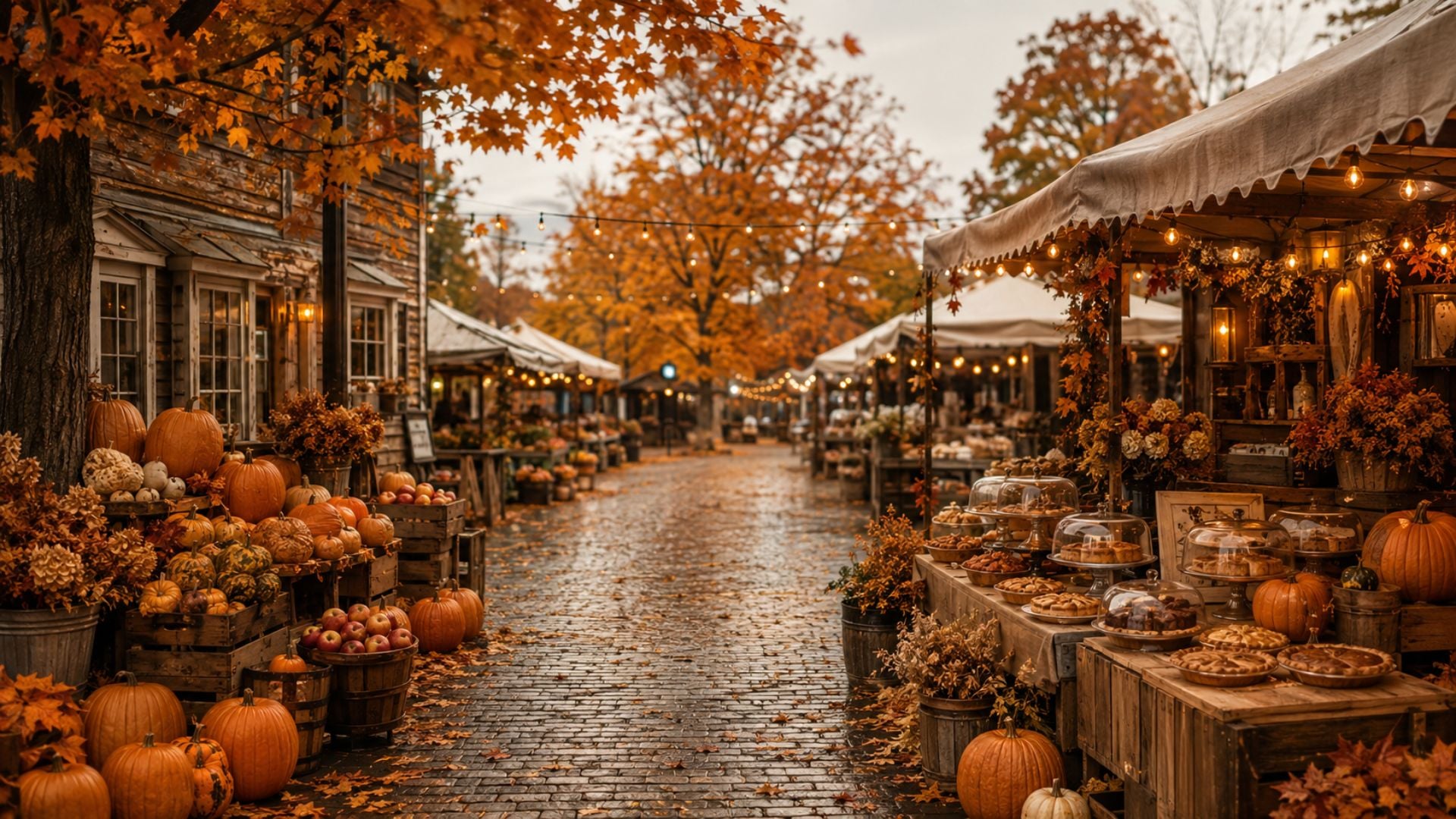 Cozy fall desktop wallpaper featuring an autumn market with pumpkins, baked goods, orange foliage and glowing string lights.