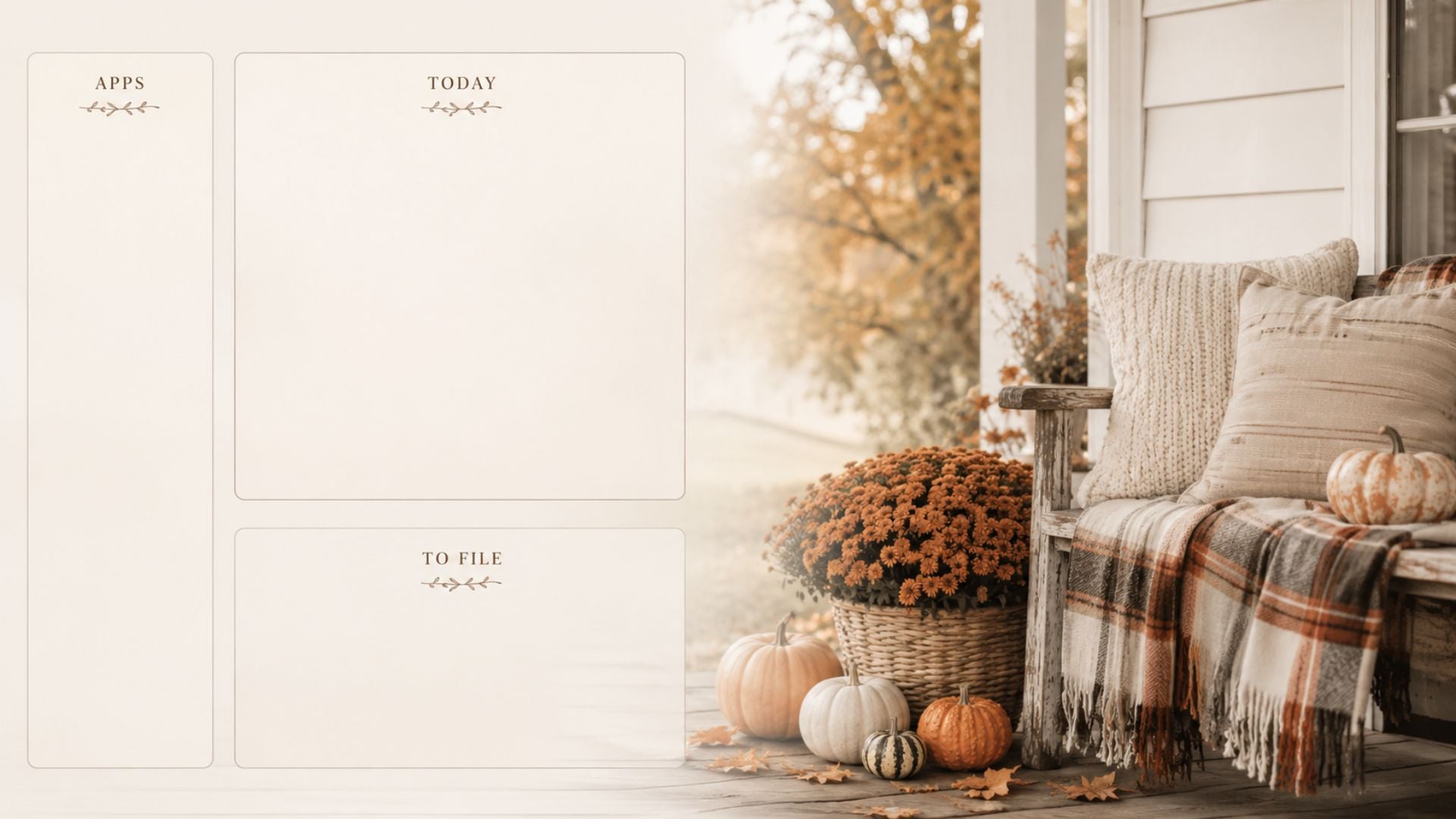 Cozy fall desktop organizer wallpaper featuring labelled sections for apps, today and files beside an autumn farmhouse porch.