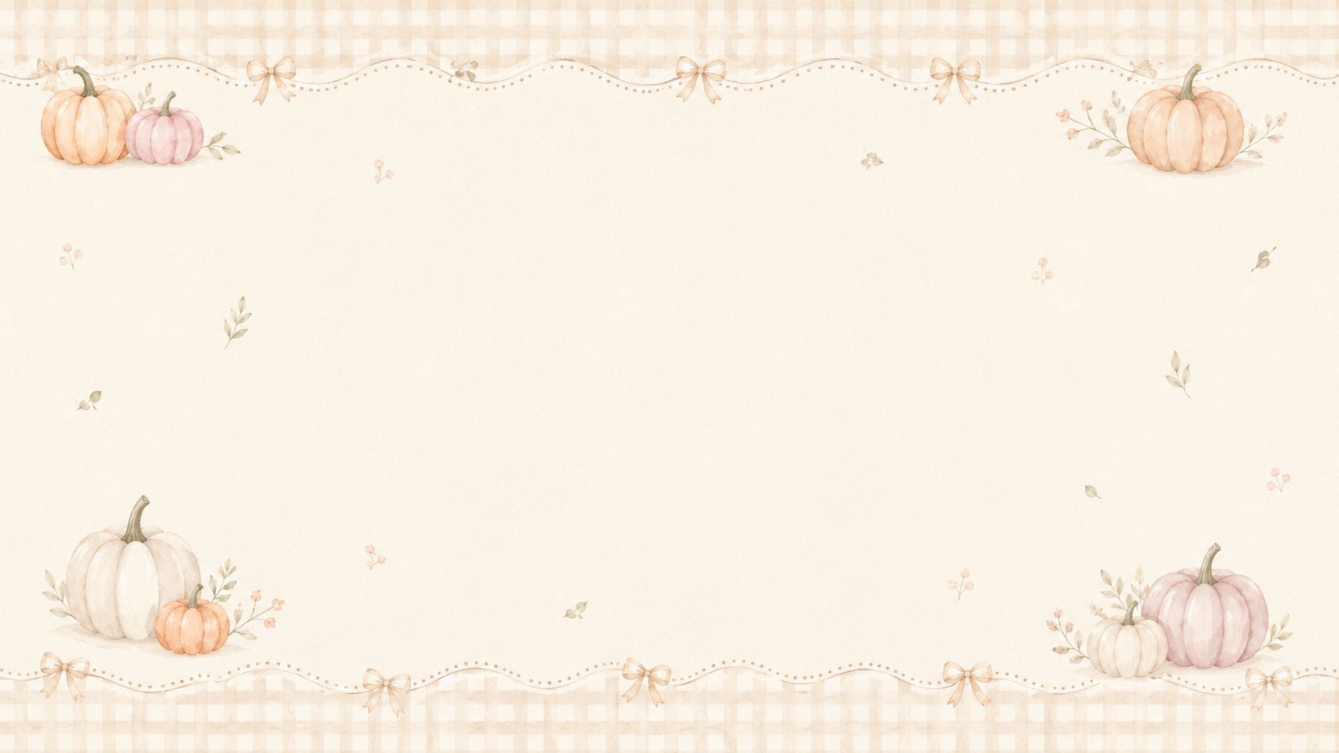 Cute fall desktop wallpaper featuring blush and cream watercolor pumpkins, delicate bows and a neutral gingham border.