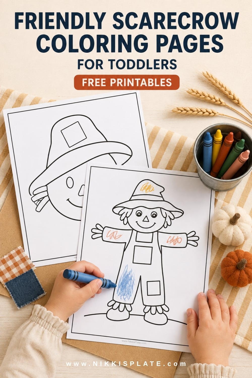 Cute friendly scarecrow coloring page for toddlers with simple features and large shapes.