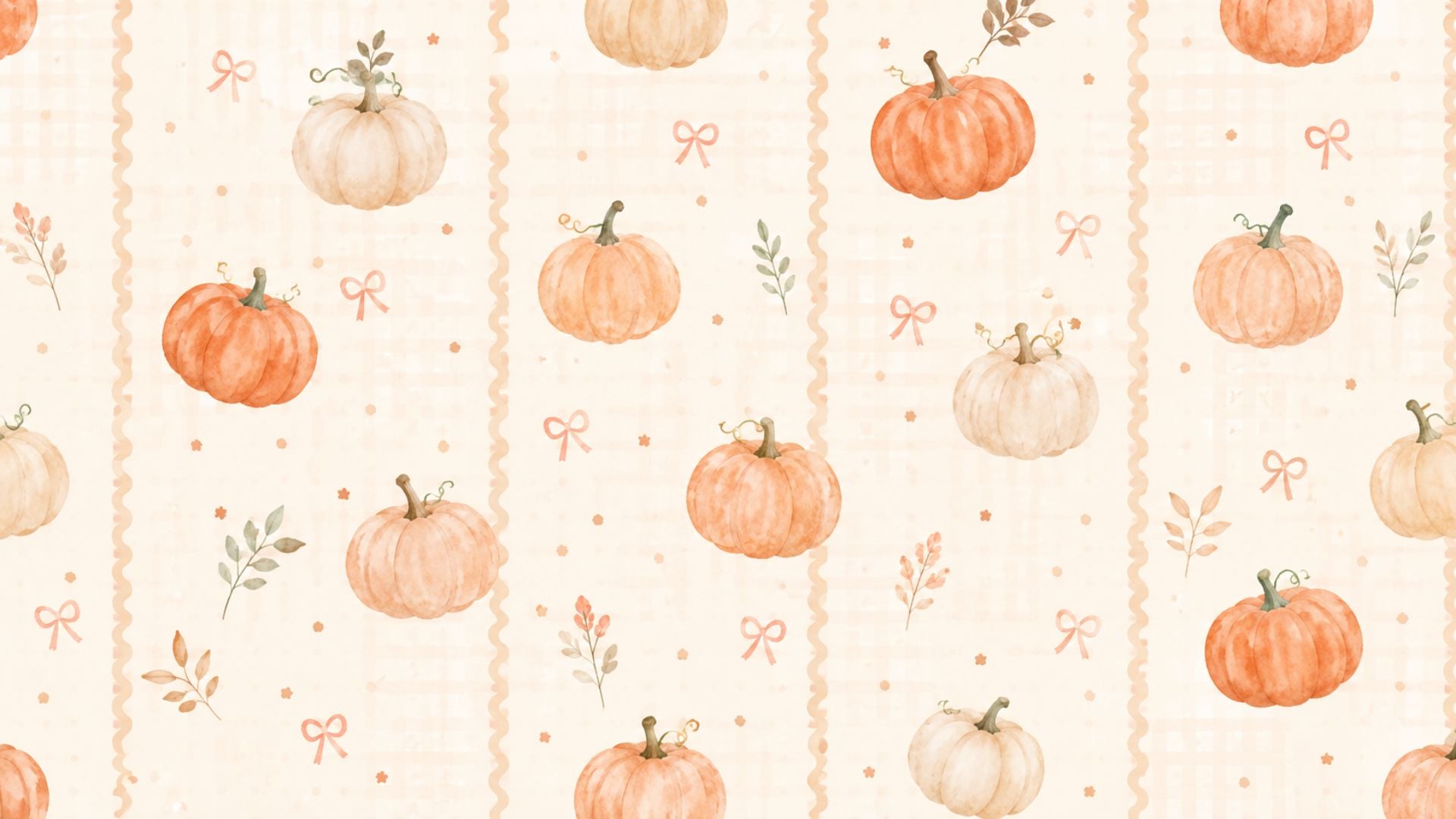 Cute fall desktop wallpaper featuring watercolor pumpkins, delicate bows and autumn leaves on a soft cream background.