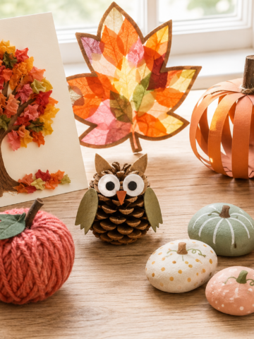 Easy fall crafts for kids displayed on a table, including a tissue paper tree, leaf suncatcher, paper pumpkins, pinecone owl, yarn apple, and painted pumpkin rocks.