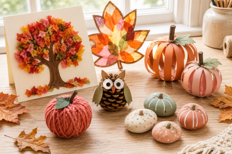 Easy fall crafts for kids displayed on a table, including a tissue paper tree, leaf suncatcher, paper pumpkins, pinecone owl, yarn apple, and painted pumpkin rocks.