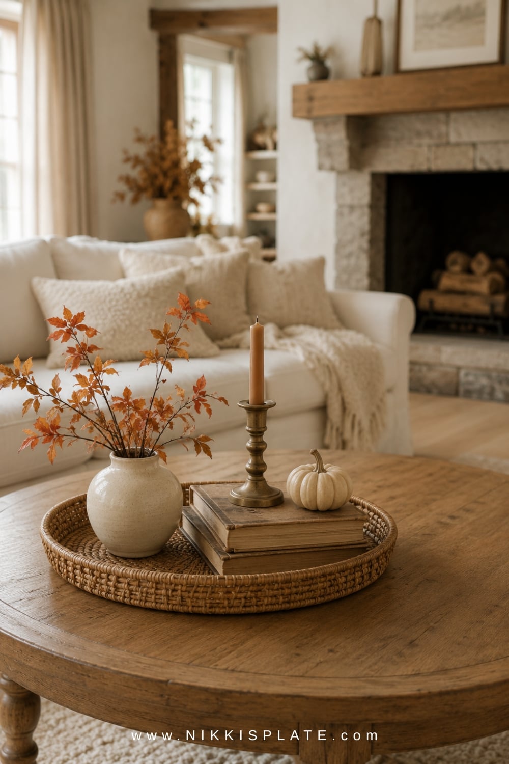 Wood coffee table tray styled with rust leaves, vintage books, a brass candleholder and a pale pumpkin.