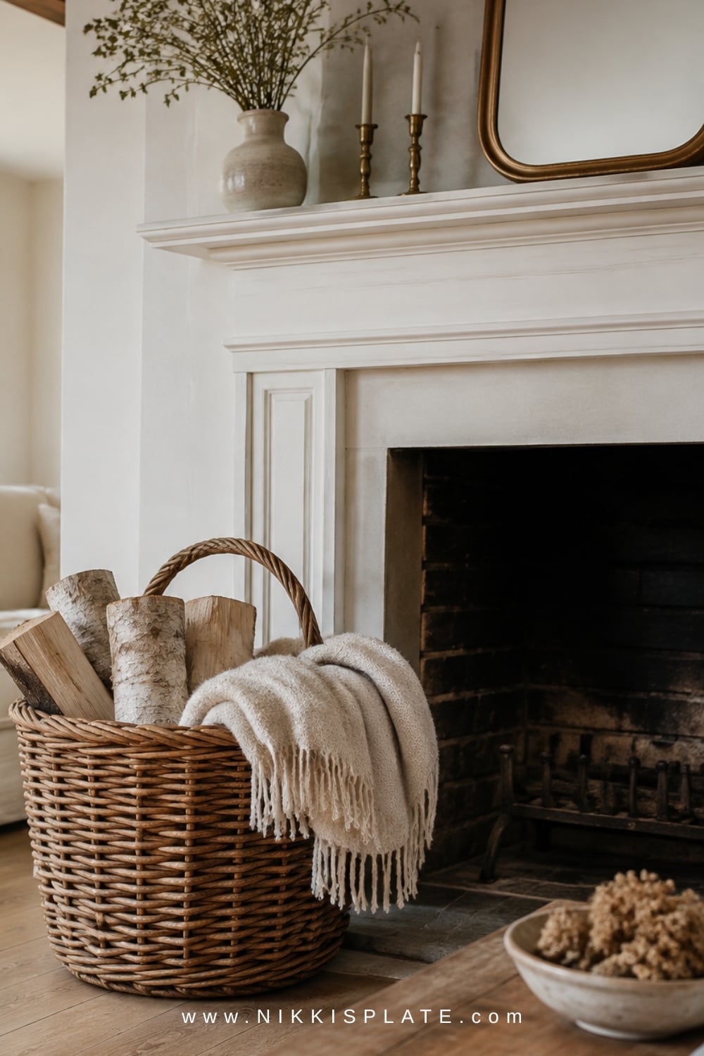 Aged wicker hearth basket holding birch logs and a folded oatmeal throw beside an unlit fireplace.