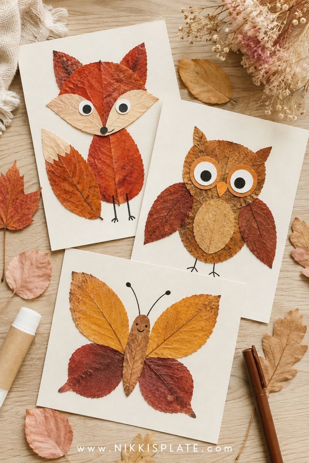 Fall leaf animal collages for kids featuring a fox, owl and butterfly made from colorful pressed leaves.
