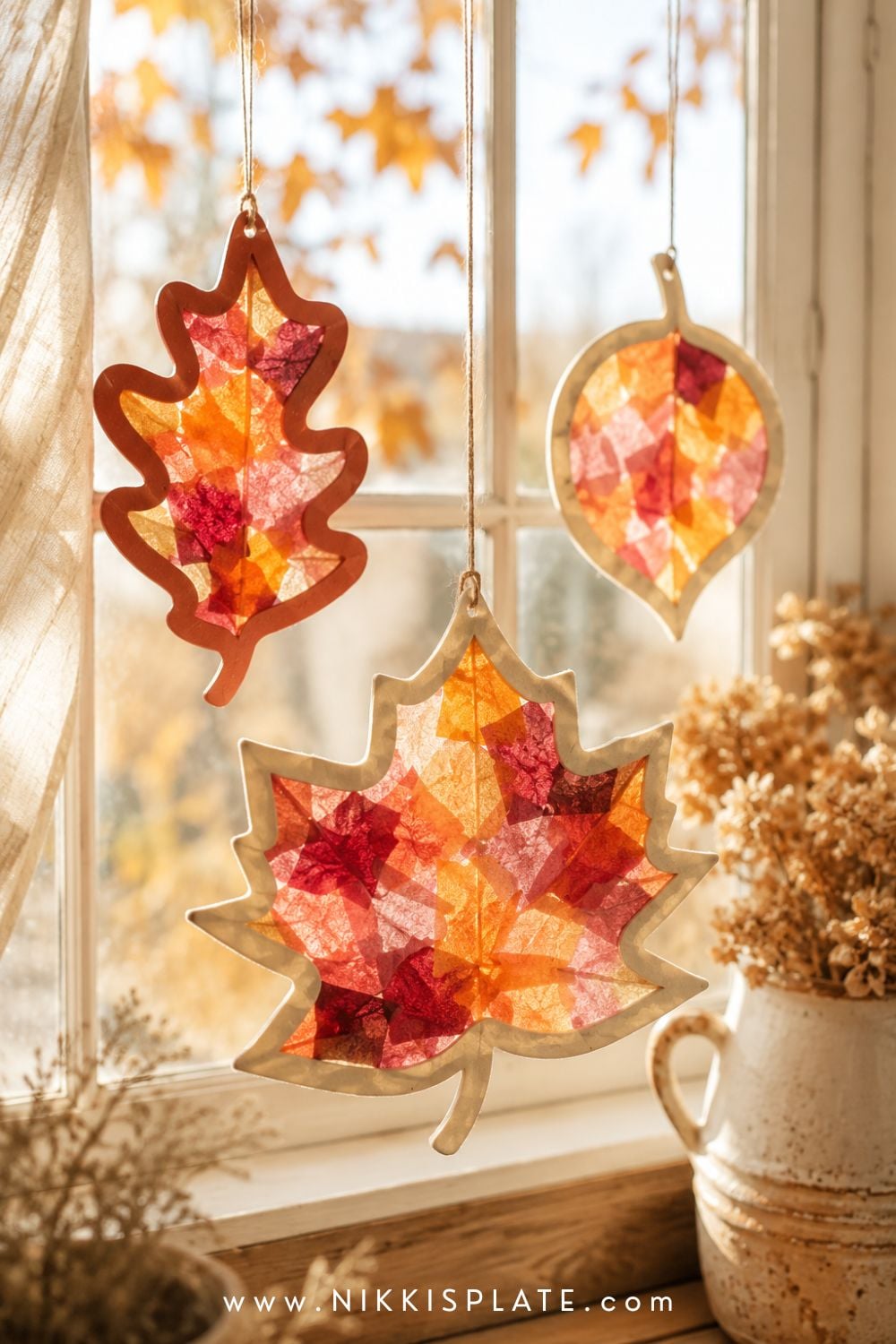 Fall leaf suncatcher craft with translucent orange, gold and red tissue paper glowing in a sunny window.