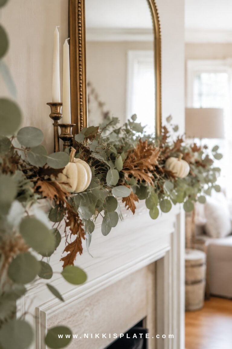 Style a warm and welcoming fireplace with these fall mantel decor ideas, from neutral pumpkins and leafy garlands to candlelight, vintage artwork, mirrors, and beautiful autumn stems.