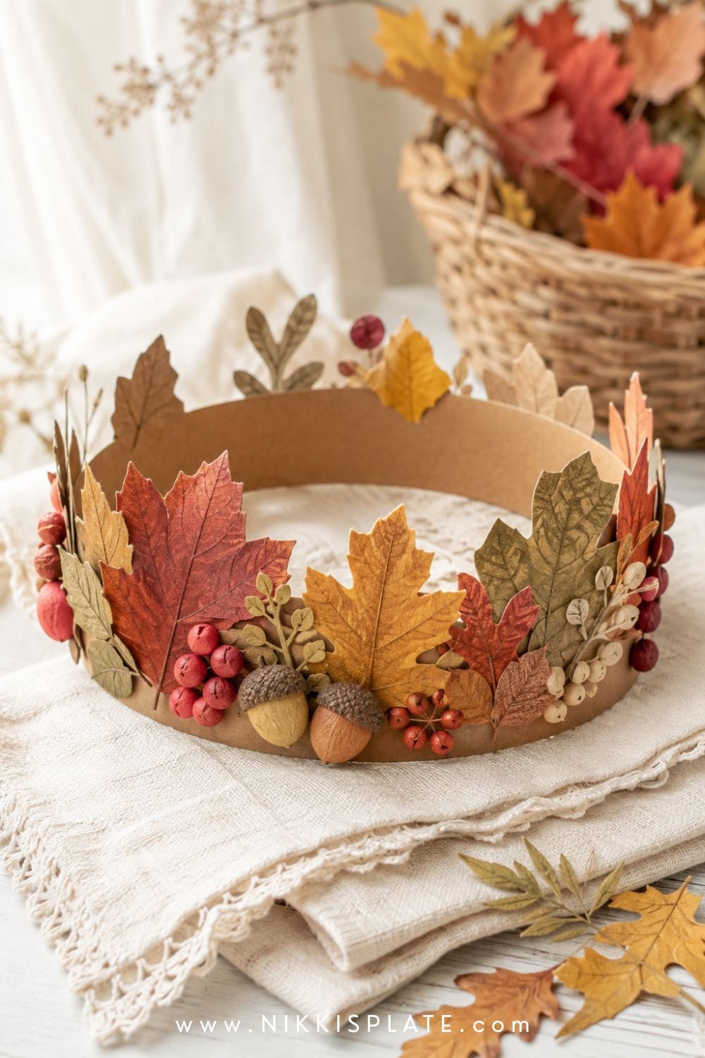 Fall nature crown craft for kids decorated with pressed leaves, paper acorns and warm autumn colors.