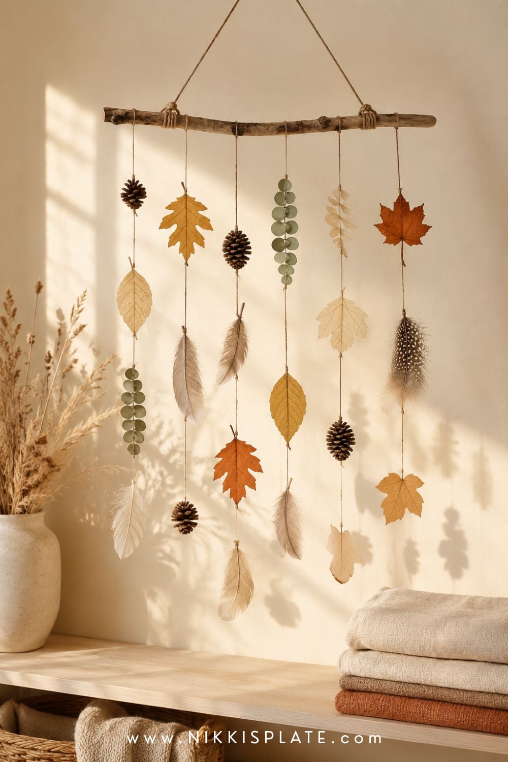 Fall nature mobile made from a branch with hanging paper leaves, pinecones, feathers and pressed foliage.