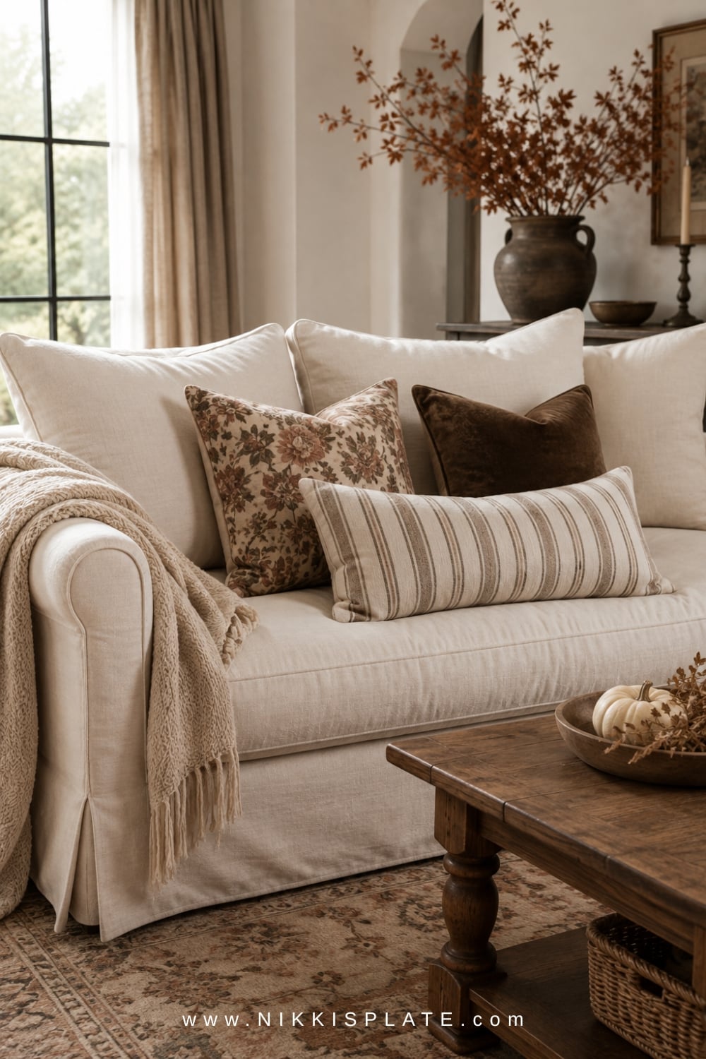 Cream linen sofa refreshed for fall with rust velvet, olive floral, striped lumbar and warm cream pillow covers.