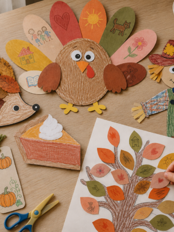 Child-made printable fall crafts for kids arranged on a table, including a paper turkey, scarecrow, leaf hedgehog, gratitude tree and fall bookmarks