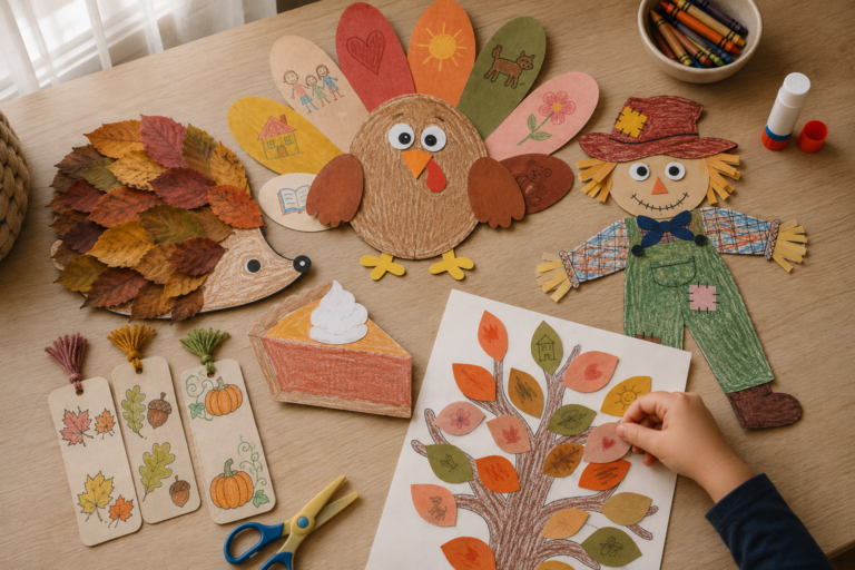 Child-made printable fall crafts for kids arranged on a table, including a paper turkey, scarecrow, leaf hedgehog, gratitude tree and fall bookmarks