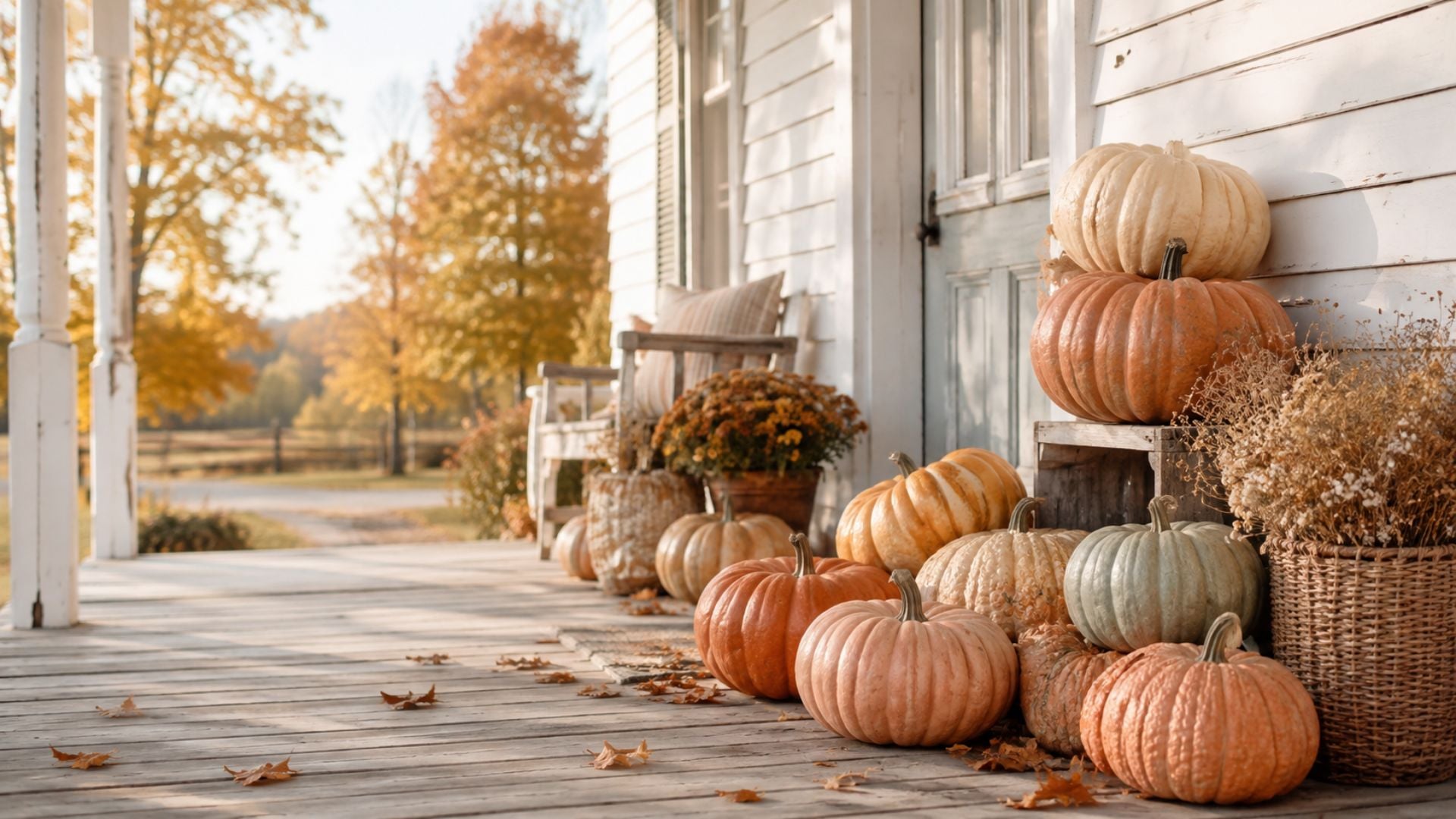 Aesthetic fall desktop wallpaper featuring colourful heirloom pumpkins styled on a bright white farmhouse porch.