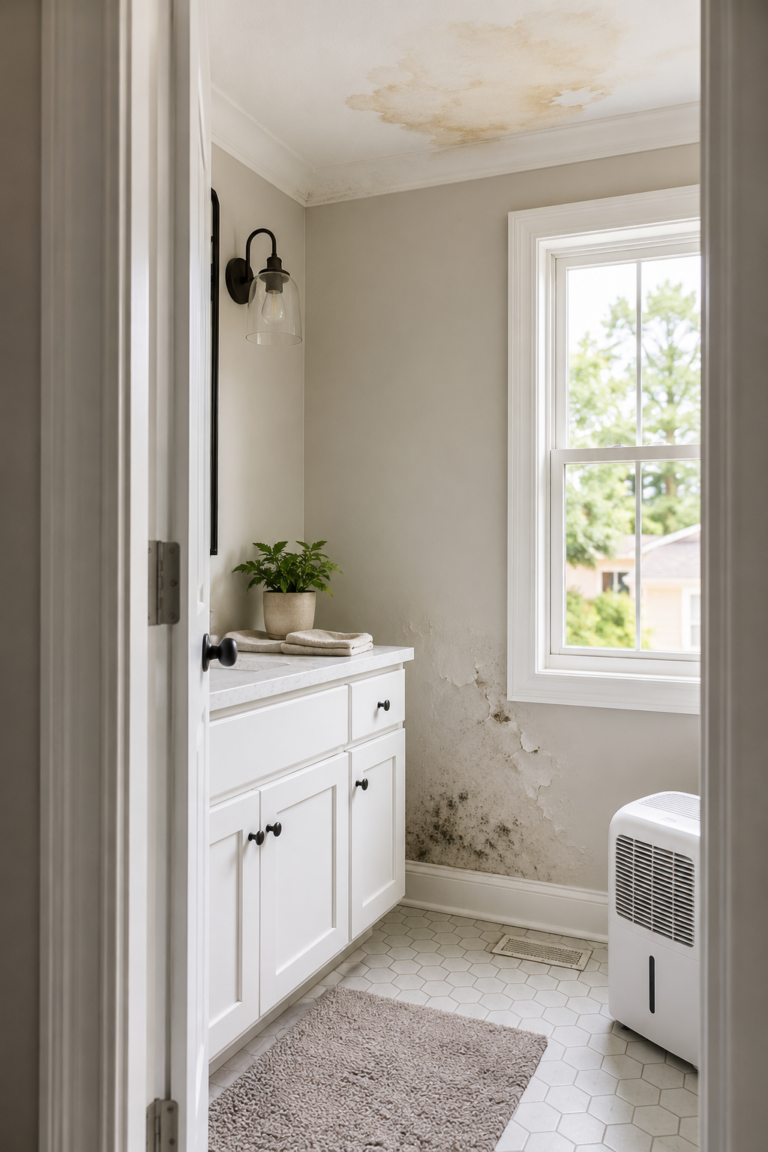 Signs of hidden mold in Raleigh homes including water stains, peeling paint and mold growth