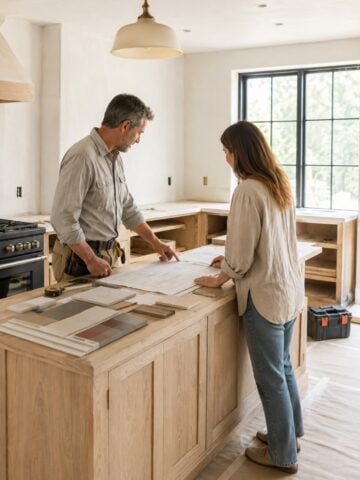Homeowner and contractor reviewing renovation plans in an unfinished farmhouse kitchen.