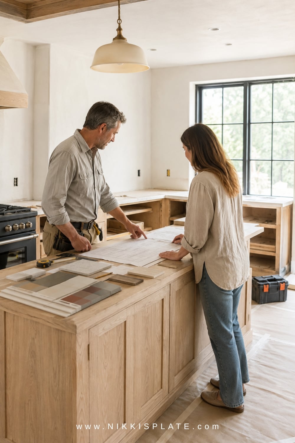 Homeowner and contractor reviewing renovation plans in an unfinished farmhouse kitchen.