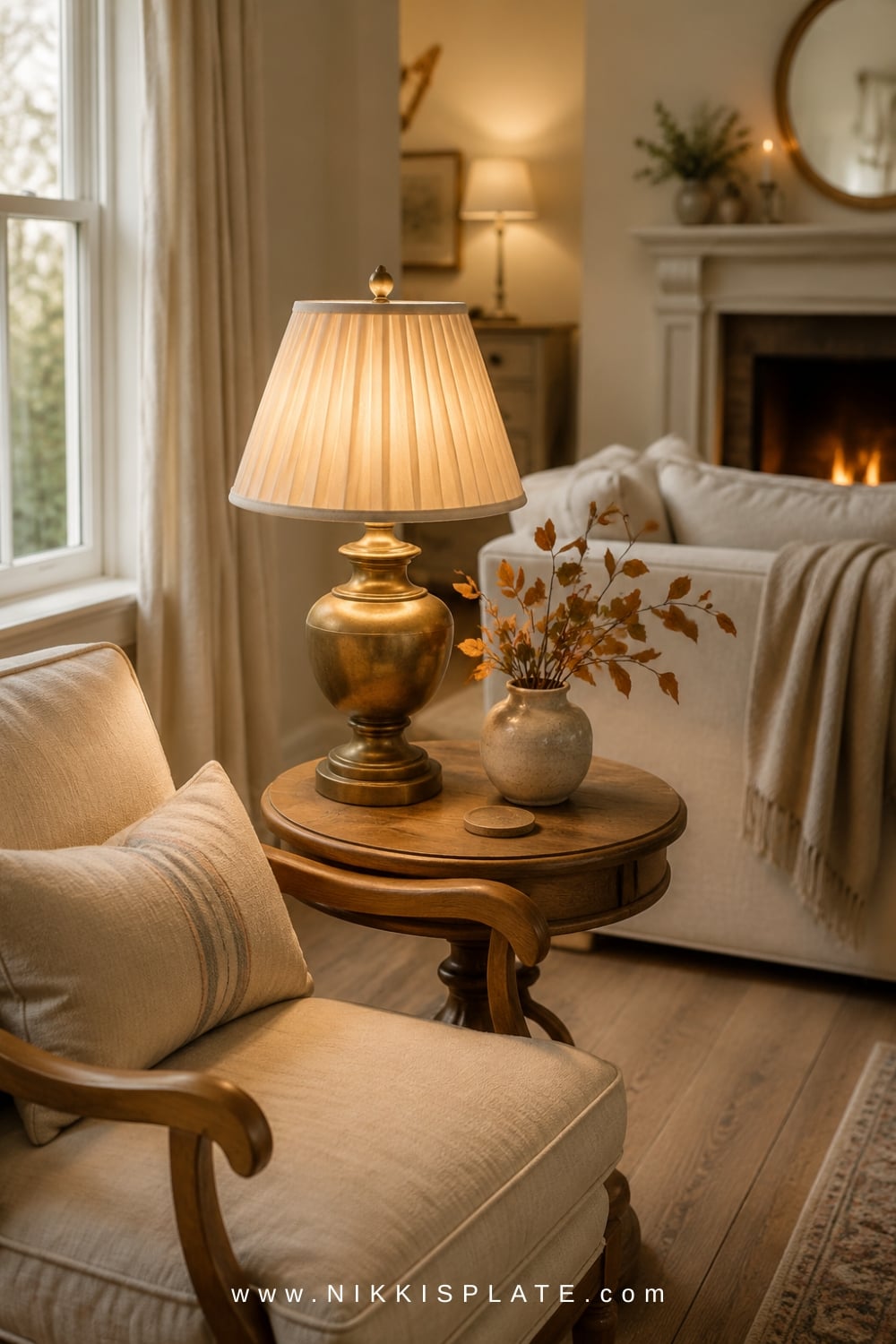 Cozy fall living room illuminated by table, floor and accent lamps while the overhead light remains off.