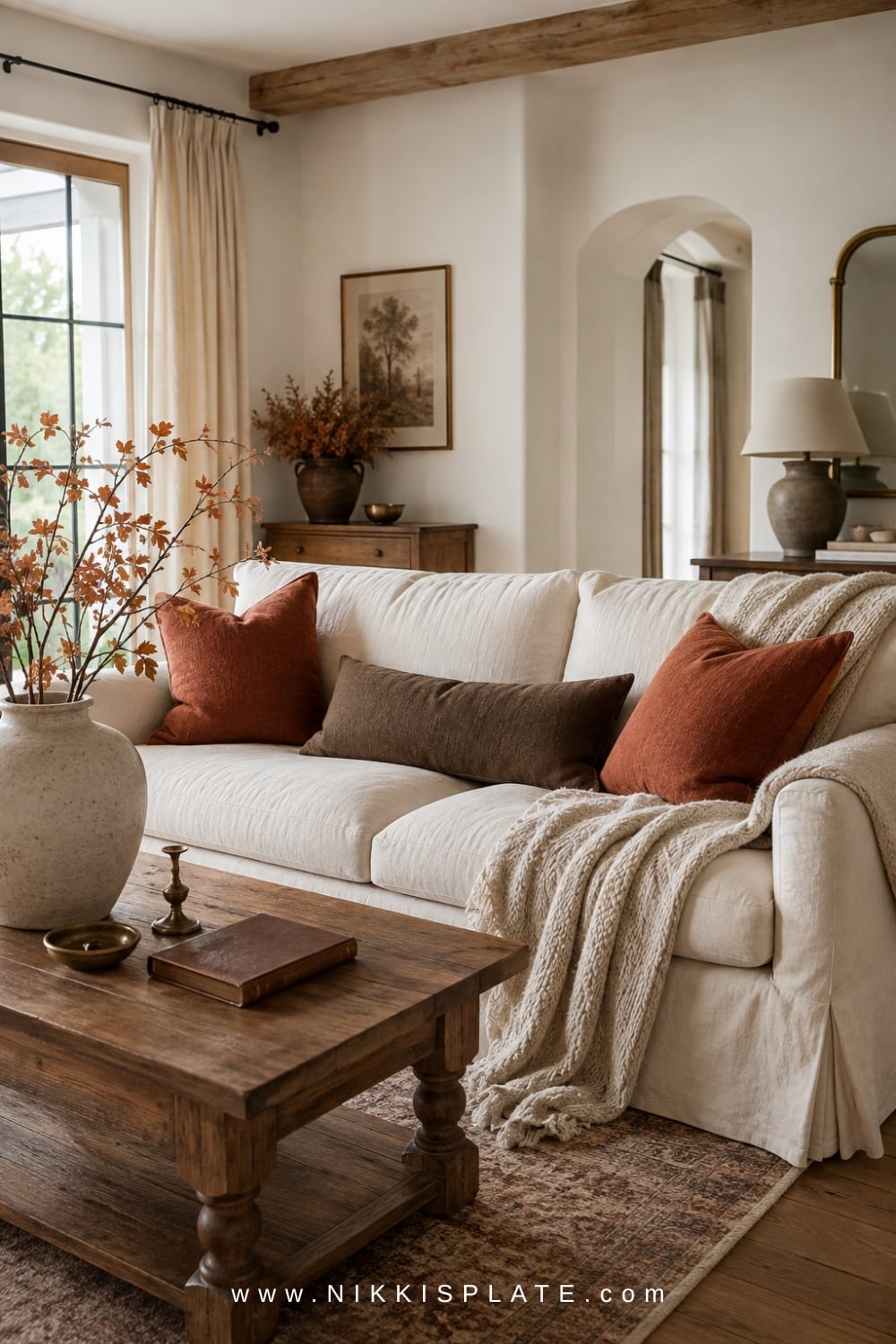Cream farmhouse living room styled with muted rust pillows, a brown lumbar pillow, an oatmeal throw and fall branches.