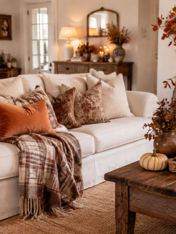 Cozy neutral living room with fall pillows, a plaid throw, autumn branches, pumpkins and warm candlelight