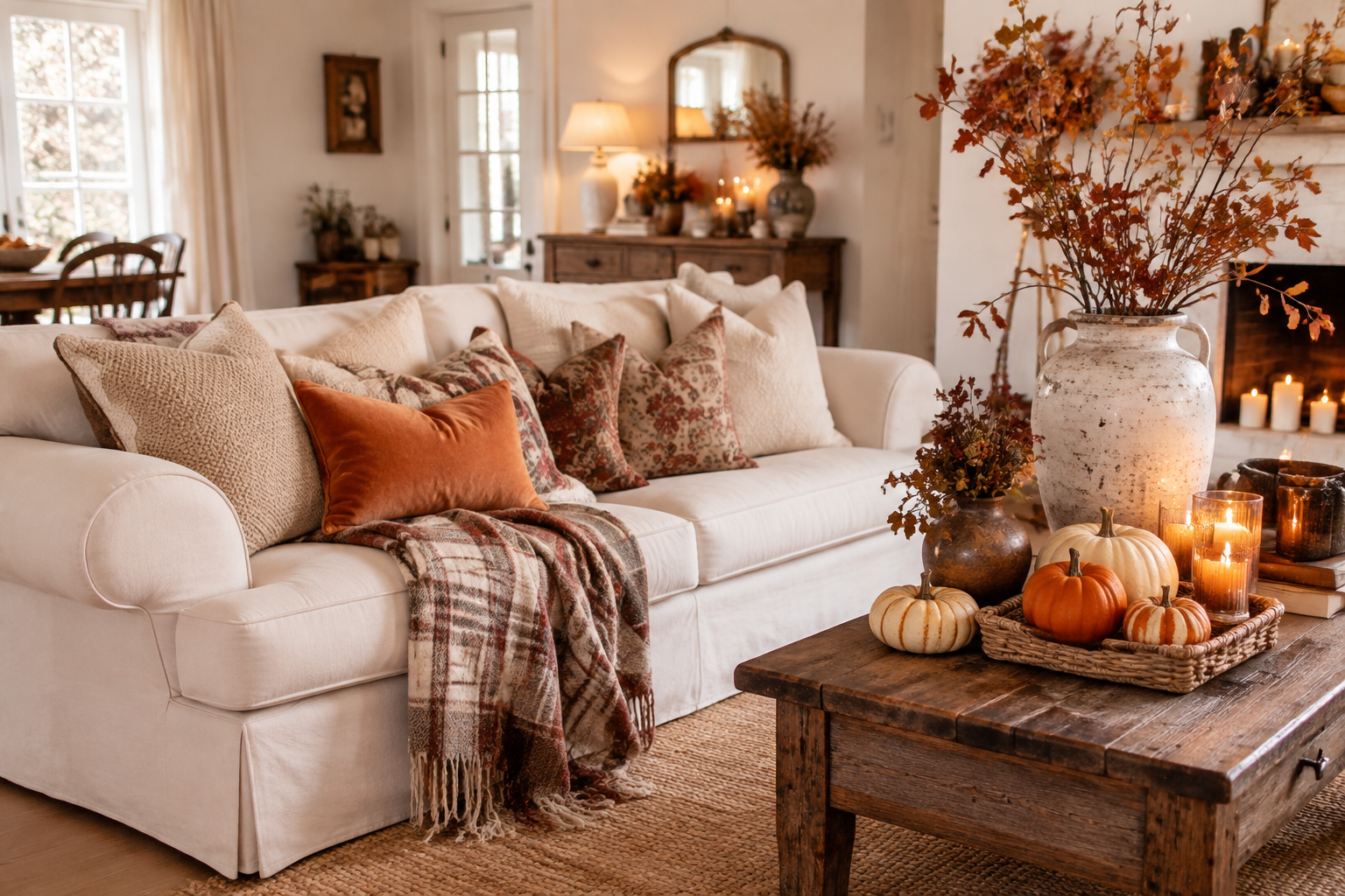 Cozy neutral living room with fall pillows, a plaid throw, autumn branches, pumpkins and warm candlelight