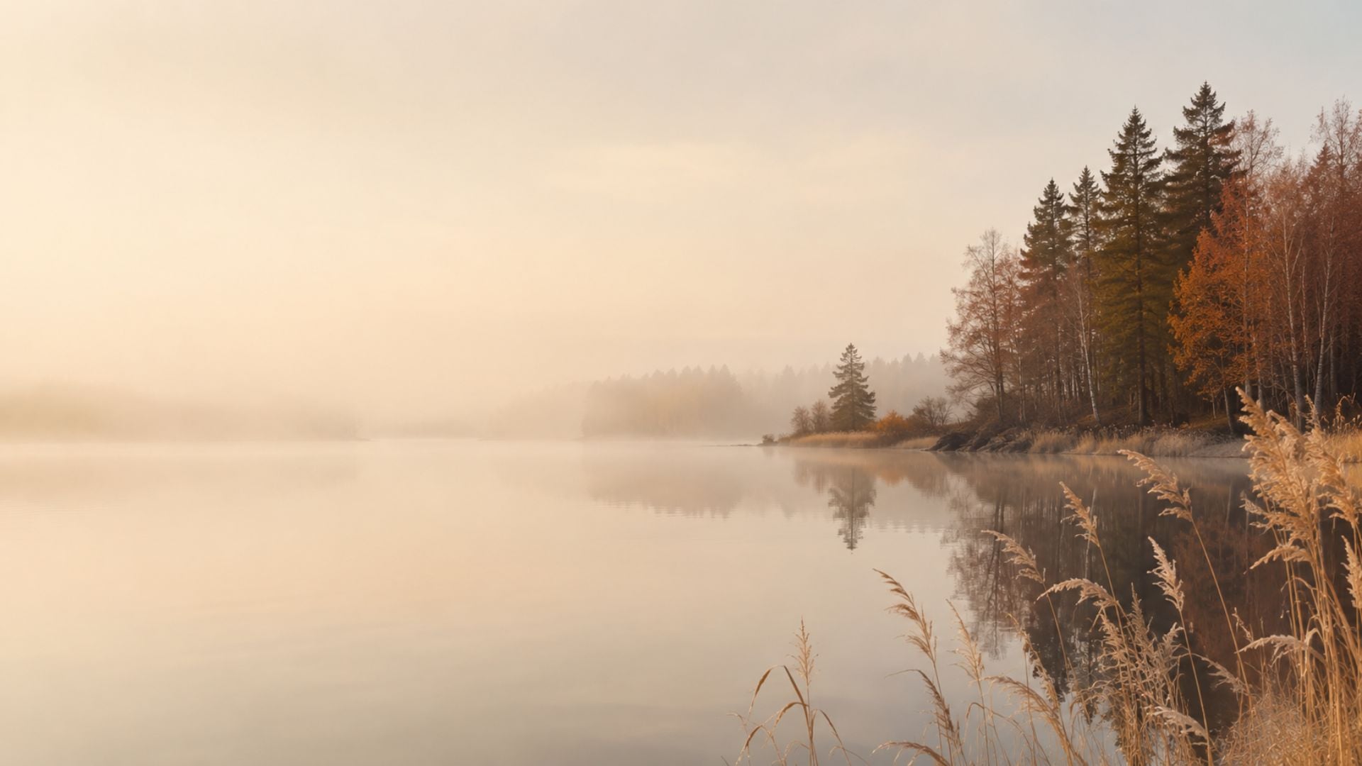 Minimal autumn desktop wallpaper featuring a peaceful misty lake, golden grasses and fall trees reflected in calm water.