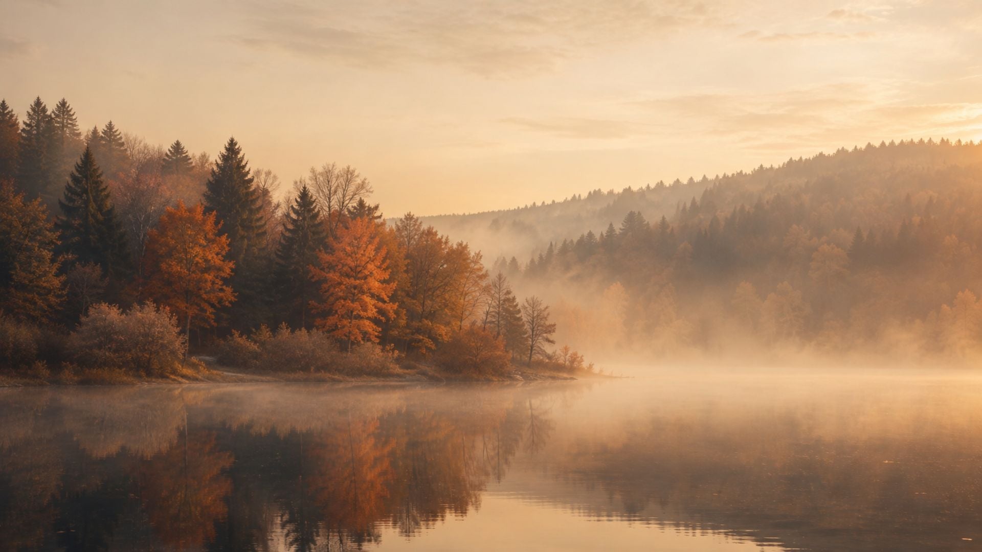 Misty autumn desktop wallpaper featuring orange fall trees reflected in a peaceful forest lake at sunrise.