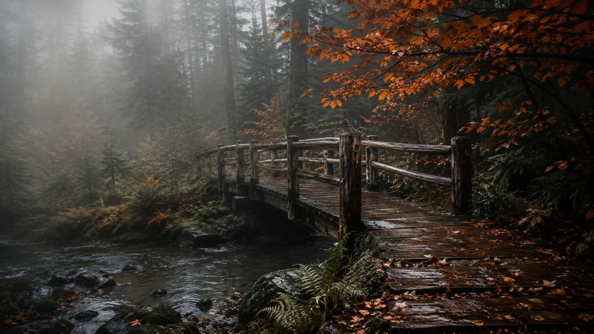 Moody autumn desktop wallpaper featuring a wet wooden bridge winding through a misty forest with glowing orange leaves.