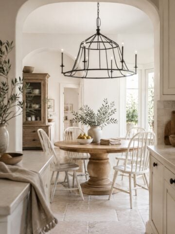 Bright farmhouse breakfast nook with a large black metal chandelier above a round wood pedestal table.
