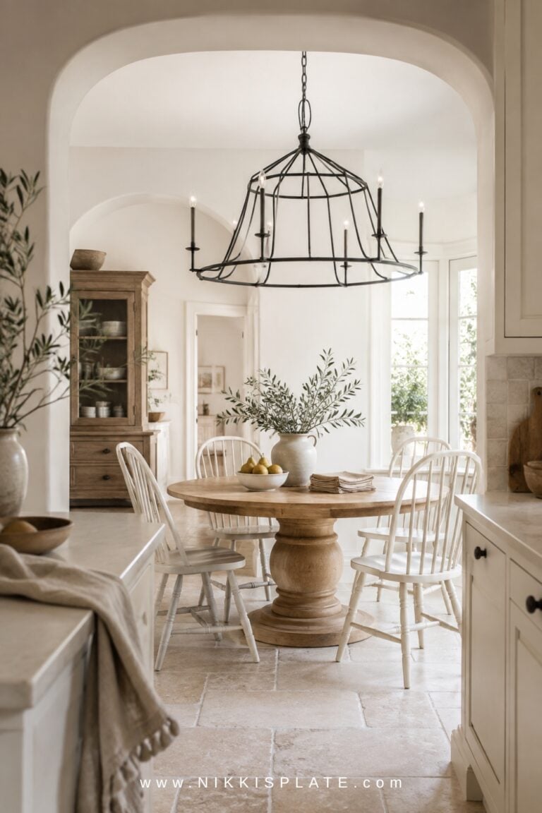 Bright farmhouse breakfast nook with a large black metal chandelier above a round wood pedestal table.