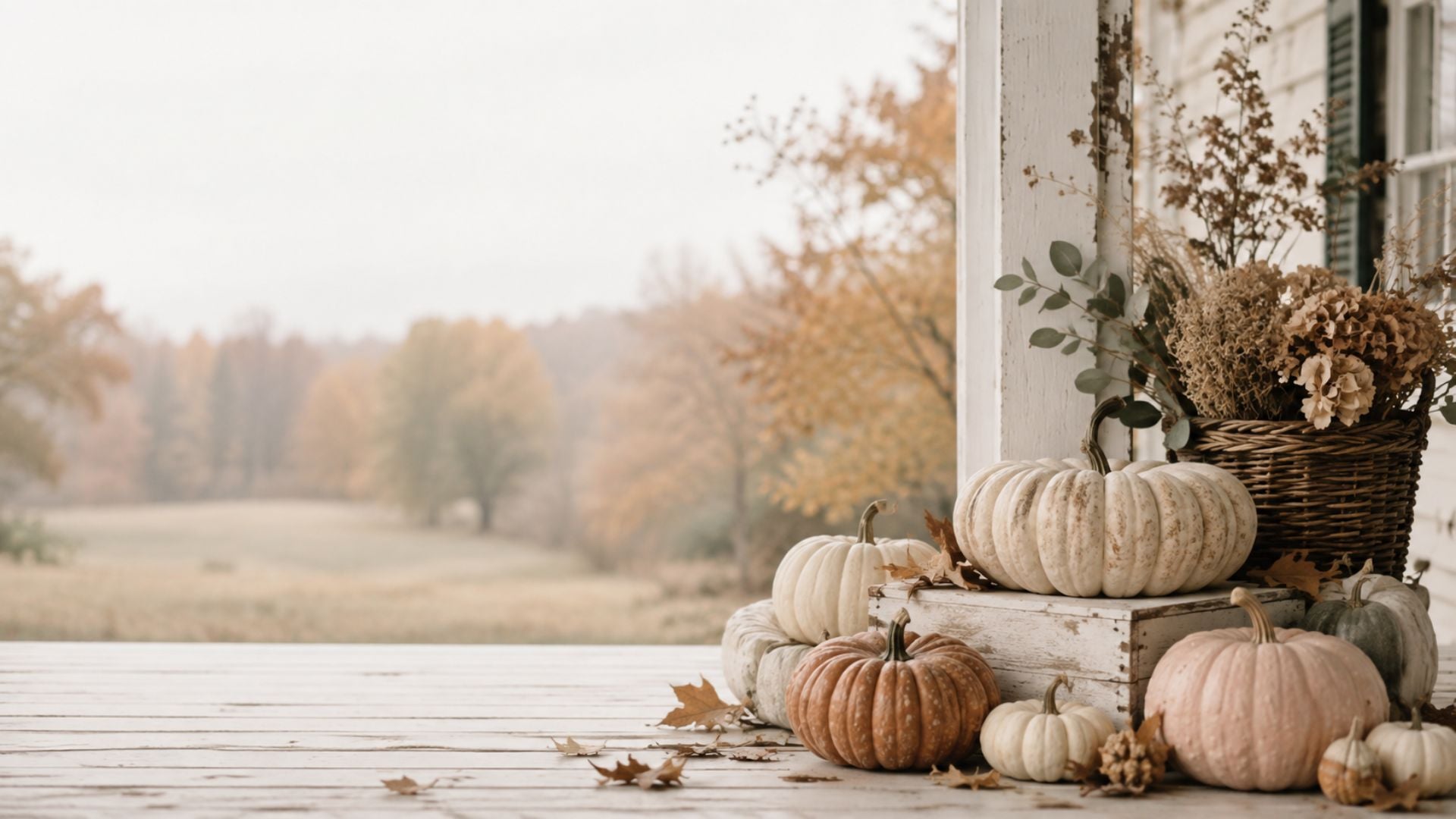 Neutral fall desktop wallpaper featuring white, blush and rust pumpkins with dried flowers on a farmhouse porch.