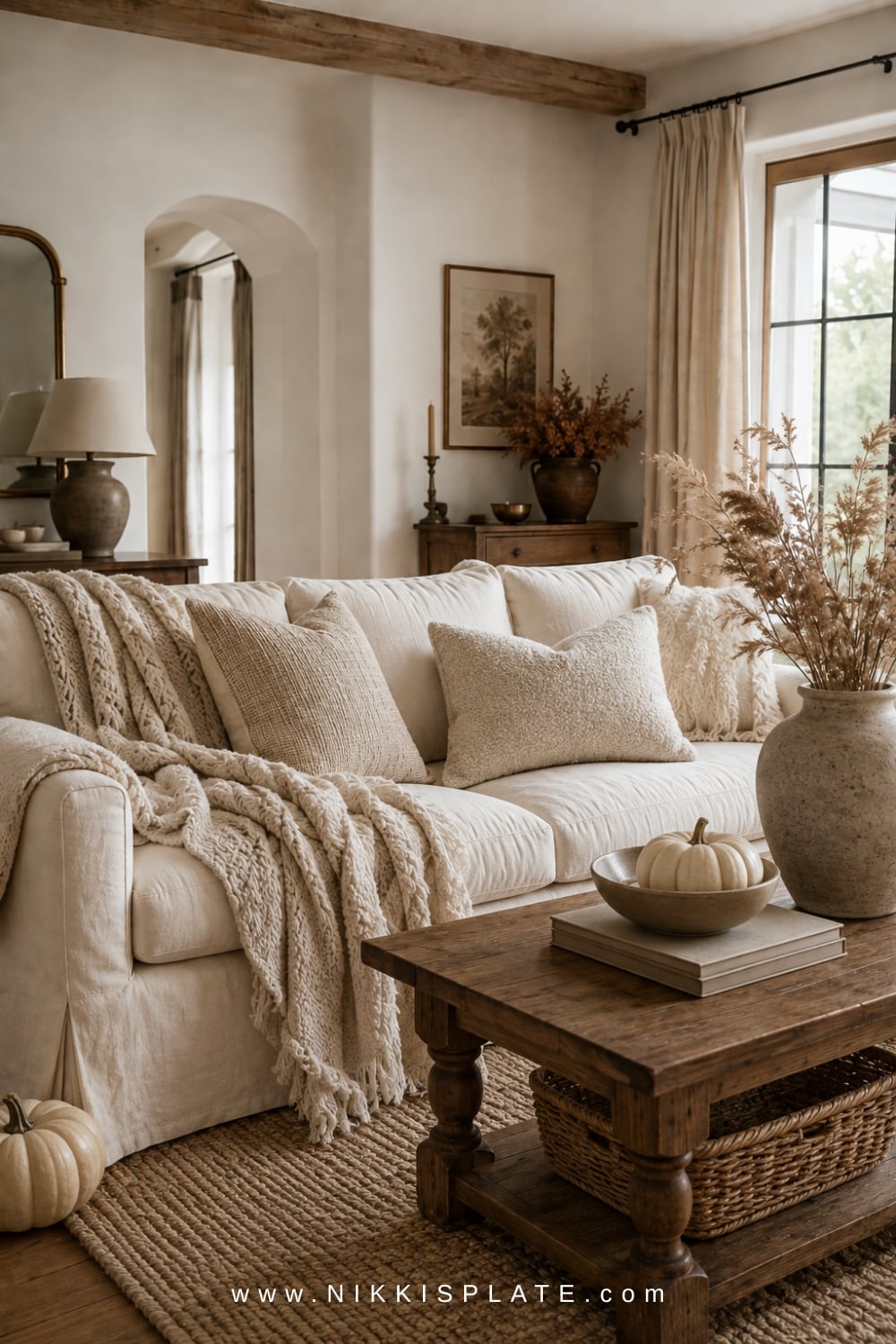 Neutral fall living room layered with linen, boucle, wool, cable knit, pottery, wicker and pale heirloom pumpkins.