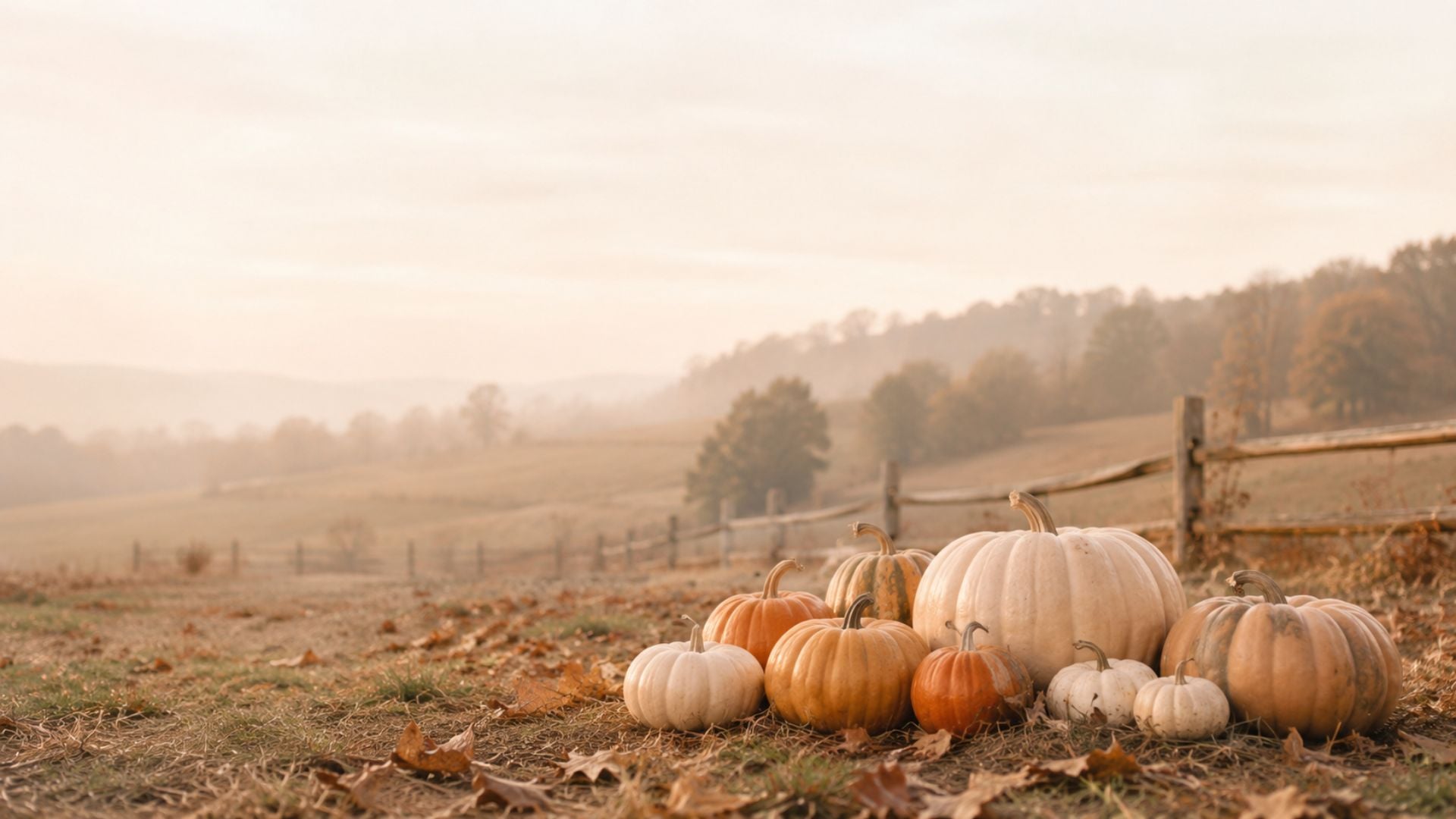 Soft fall desktop wallpaper featuring cream and orange pumpkins in a misty farmhouse field with rustic fencing.