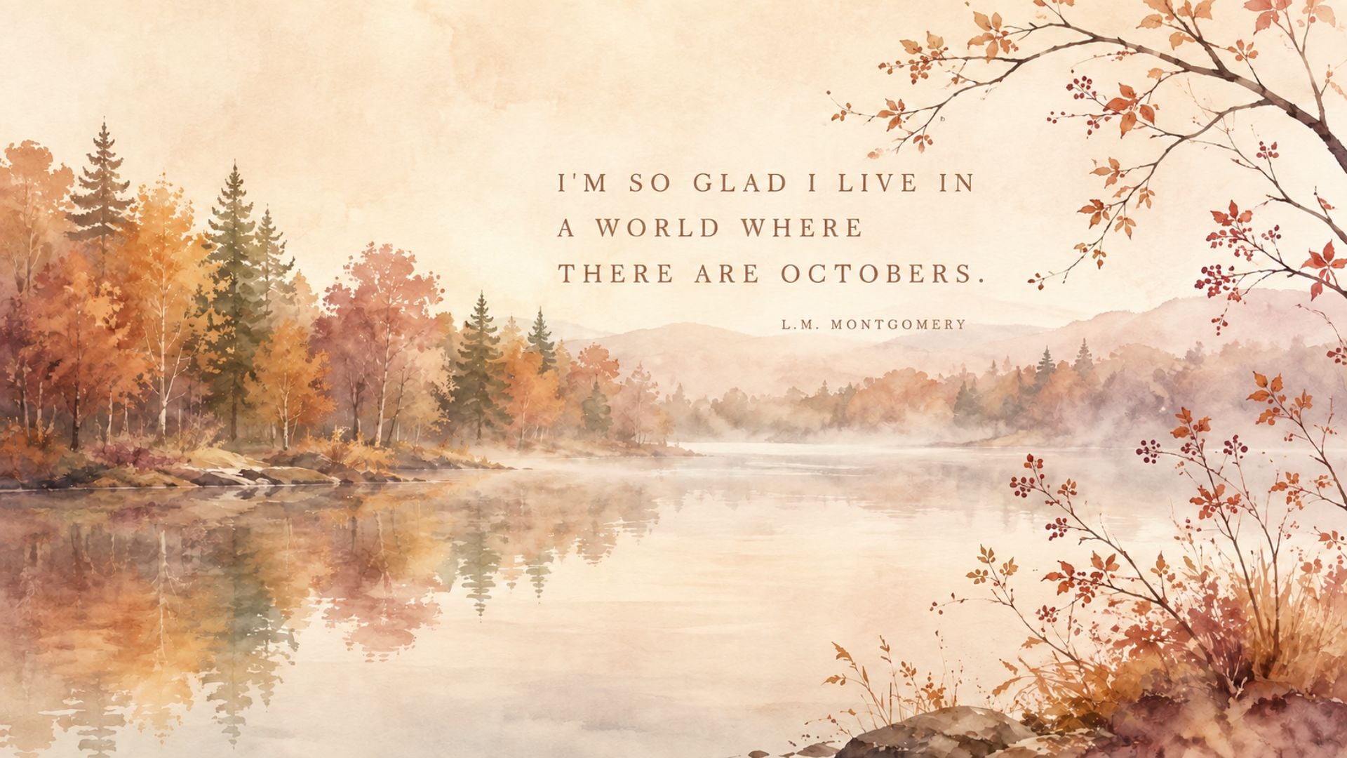 Watercolor fall desktop wallpaper featuring an autumn lake and the L. M. Montgomery quote,