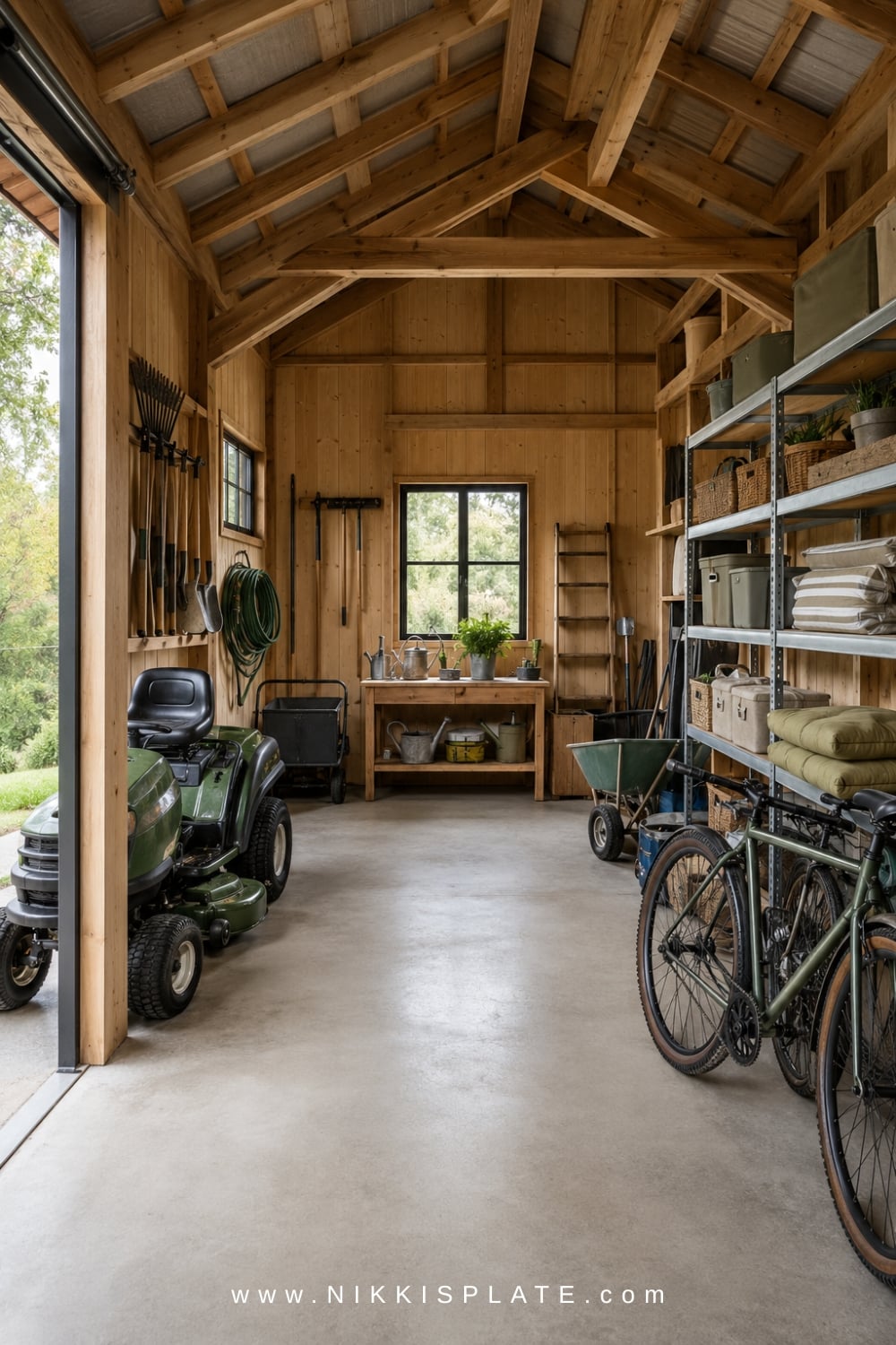 Organized pole barn storage interior with lawn equipment, bicycles, garden tools and shelving.