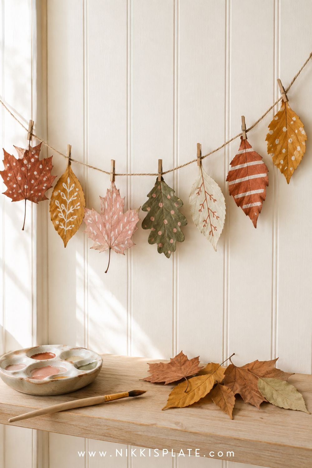 Painted fall leaf garland for kids featuring pressed leaves decorated with simple dots and stripes on twine.