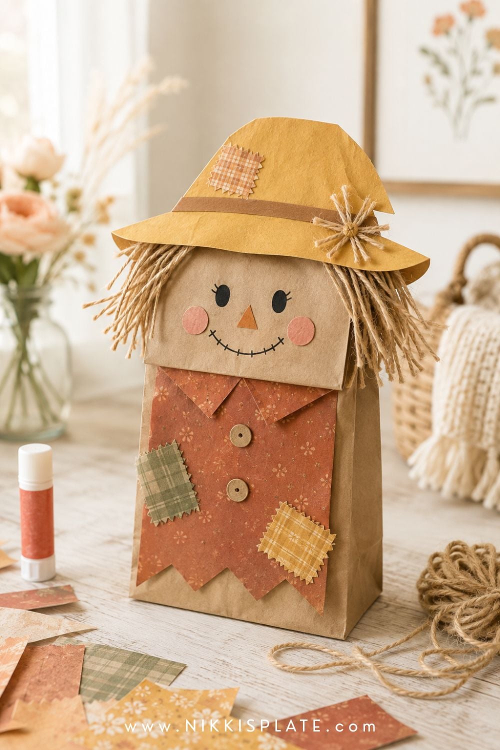 Friendly paper bag scarecrow puppet with a mustard hat, yarn hair, rosy cheeks and a patchwork shirt.