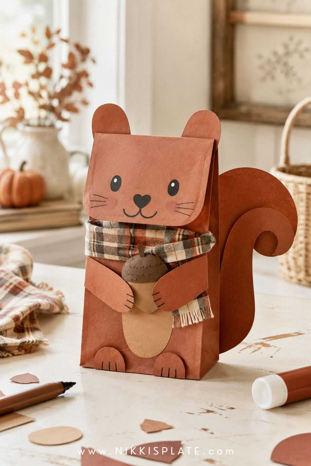Paper bag squirrel puppet with a curled rust-colored tail, tiny scarf and paper acorn held in its paws.